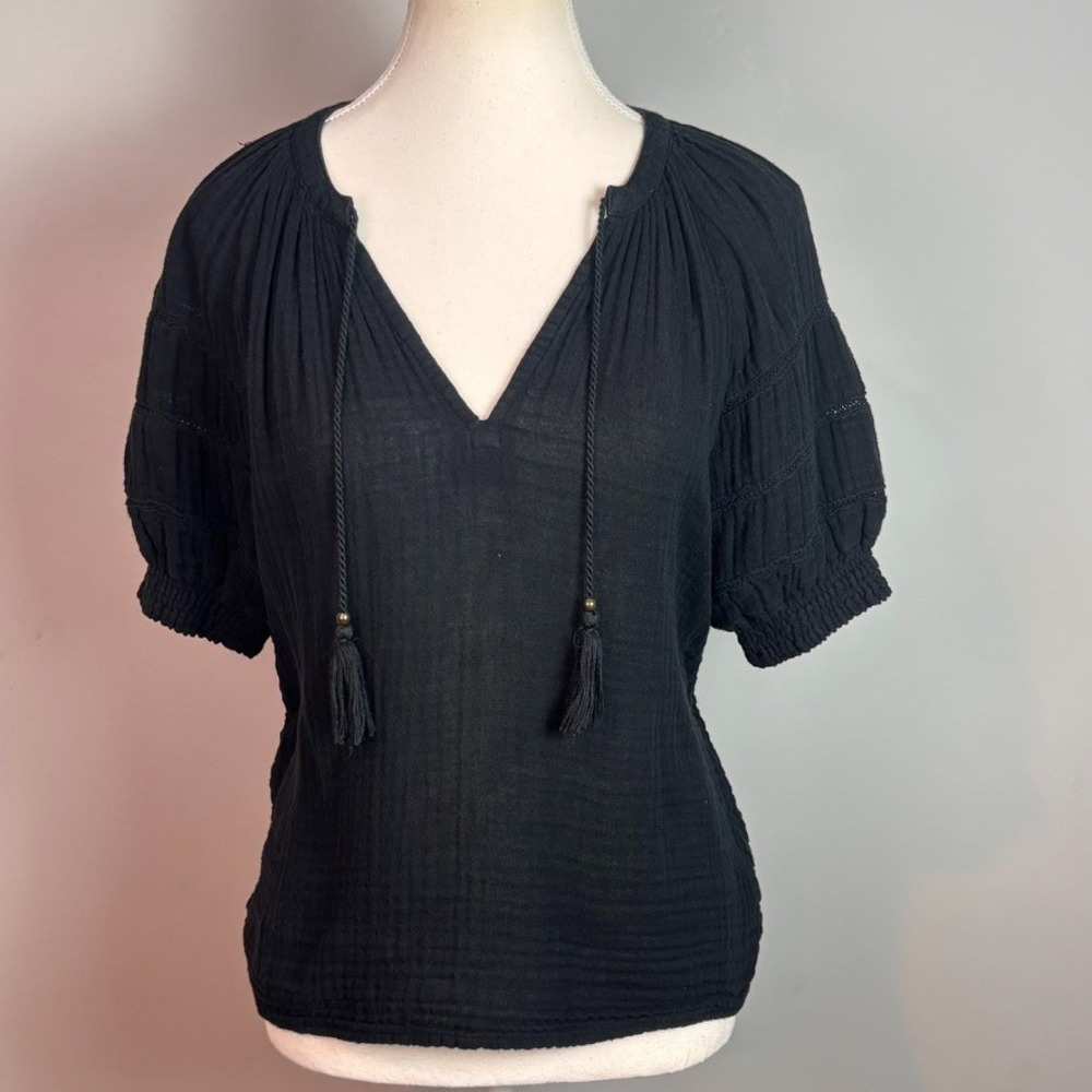 sundays womens black gauzy boho peasant tasseled blouse sz 1/ medium puff sleeve